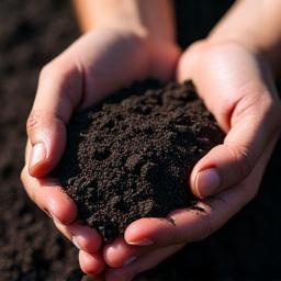 Primo piano di terriccio vulcanico scuro e ricco di minerali tenuto in una mano che ne rivela la consistenza granulosa.